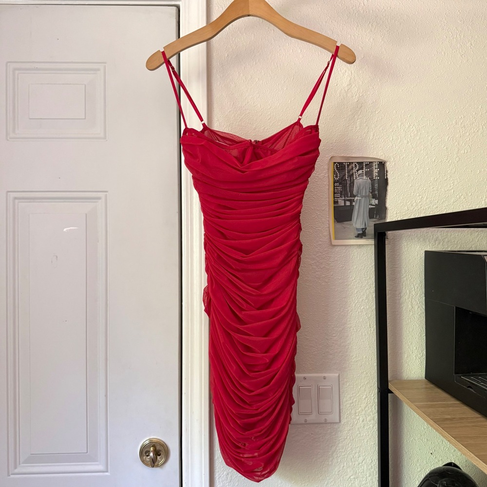HOUSE OF CB red mesh knit bodycon ruched sleeveless mini dress